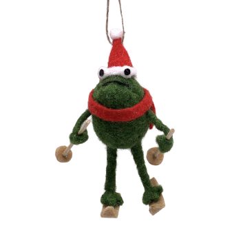 ORN FELT FROG 3"X5.5" GREEN W/SKIES AND SANTA HAT