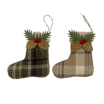 ORN STOCKING FELT 6" BROWN/GREEN W/PINE CONES 2 STYLES