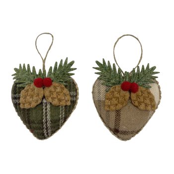 ORN HEART FELT 4" BROWN/GREEN W/PINE CONES 2 STYLES