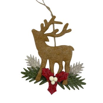 ORN REINDEER FELT 7" BROWN W/HOLLY