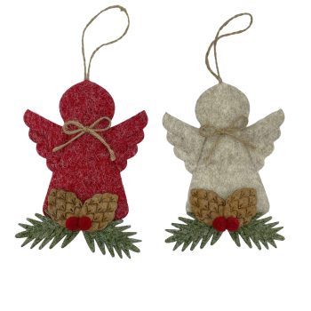ORN ANGEL FELT 5" RED/BEIGE W/PINE CONE 2 STYLES