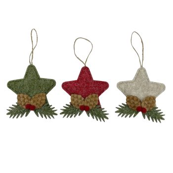 ORN STAR FELT 4" RED/BEIGE/GREEN W/PINE CONE 3 STYLES