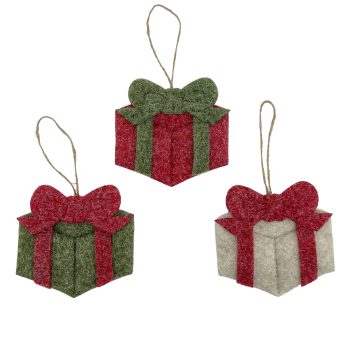 ORN GIFT BOX FELT 4" RED/BEIGE/GREEN W/BOW 3 STYLES