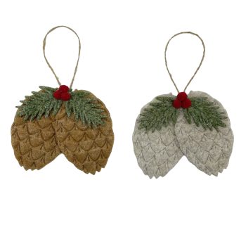 ORN PINE CONES FELT 5" BROWN/BEIGE W/PINE 2 STYLES