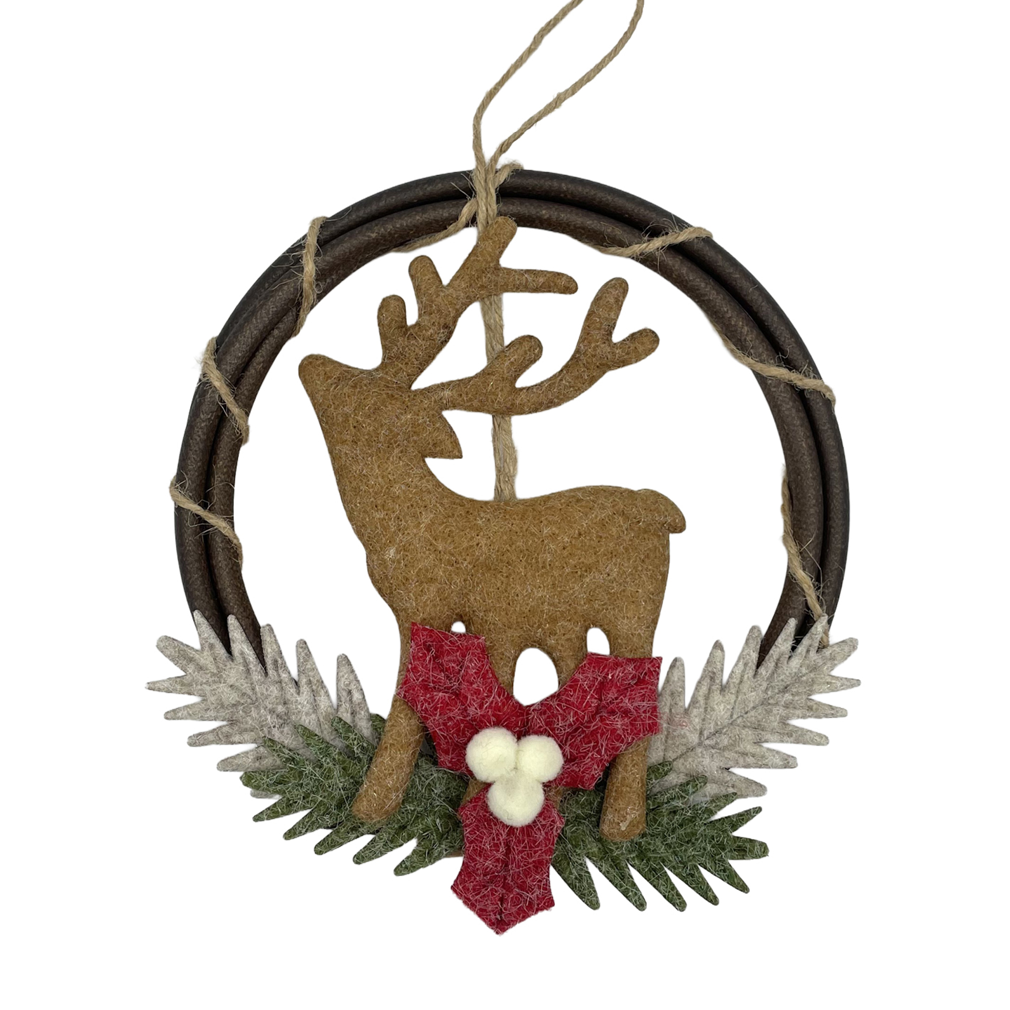 ORN RING 6" FELT BROWN REINDEER W/HOLLY