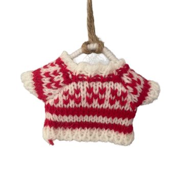 ORN KNITTED WOOL SWEATER W/HANGER 3.5"X2.5" RED/IVORY W/NORDIC PATTERN