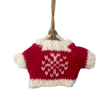 ORN KNITTED WOOL SWEATER W/HANGER 3.5"X2.5" RED/IVORY W/ROUND PATTERN