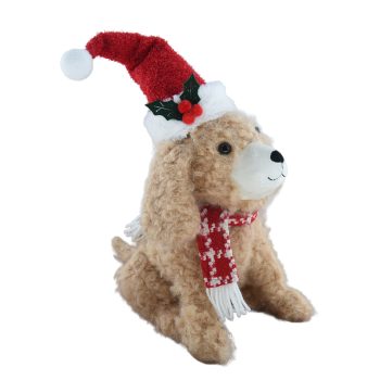 PLUSH PUPPY DOG SITTING W/SANTA HAT 12"X17" BROWN/RED
