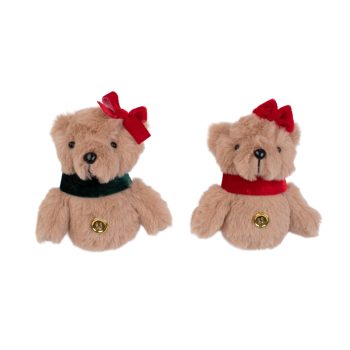 ORN PLUSH BEAR 5" BROWN W/RED/GREEN BOW 2 ASSORTED