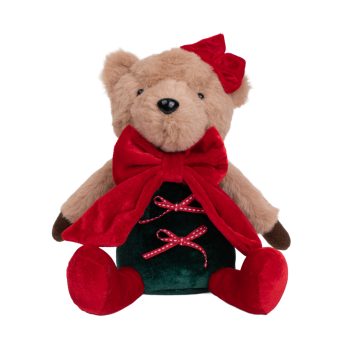 PLUSH SITTING BEAR 9" GREEN DRESS AND RED SCARF W/BOW