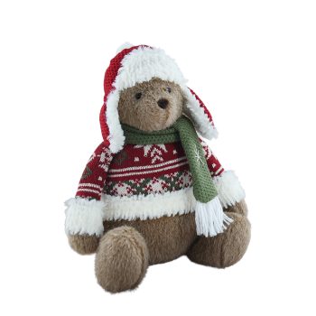 PLUSH SITTING BEAR W/SWEATER AND HAT 9"X16" BROWN RED