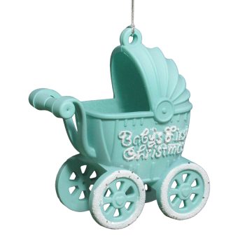 ORN BABY CARRIAGE MATTE BABY BLUE W/WHITE GLITTER 4.5"