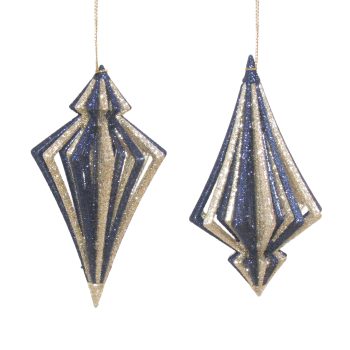 ORN DIAMOND DROP EVENING BLUE/CHAMPAGNE GOLD GLITTER 4.9" 2/S