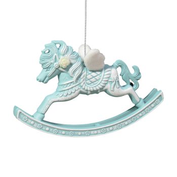 ORN ROCKING HORSE MATTE BABY BLUE W/WHITE GLITTER W/ROSE & WINGS 5.4"