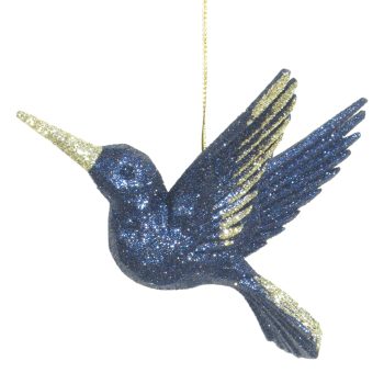 ORN HUMMINGBIRD EVENING BLUE W/CHAMPAGNE GOLD GLITTER 4.5"