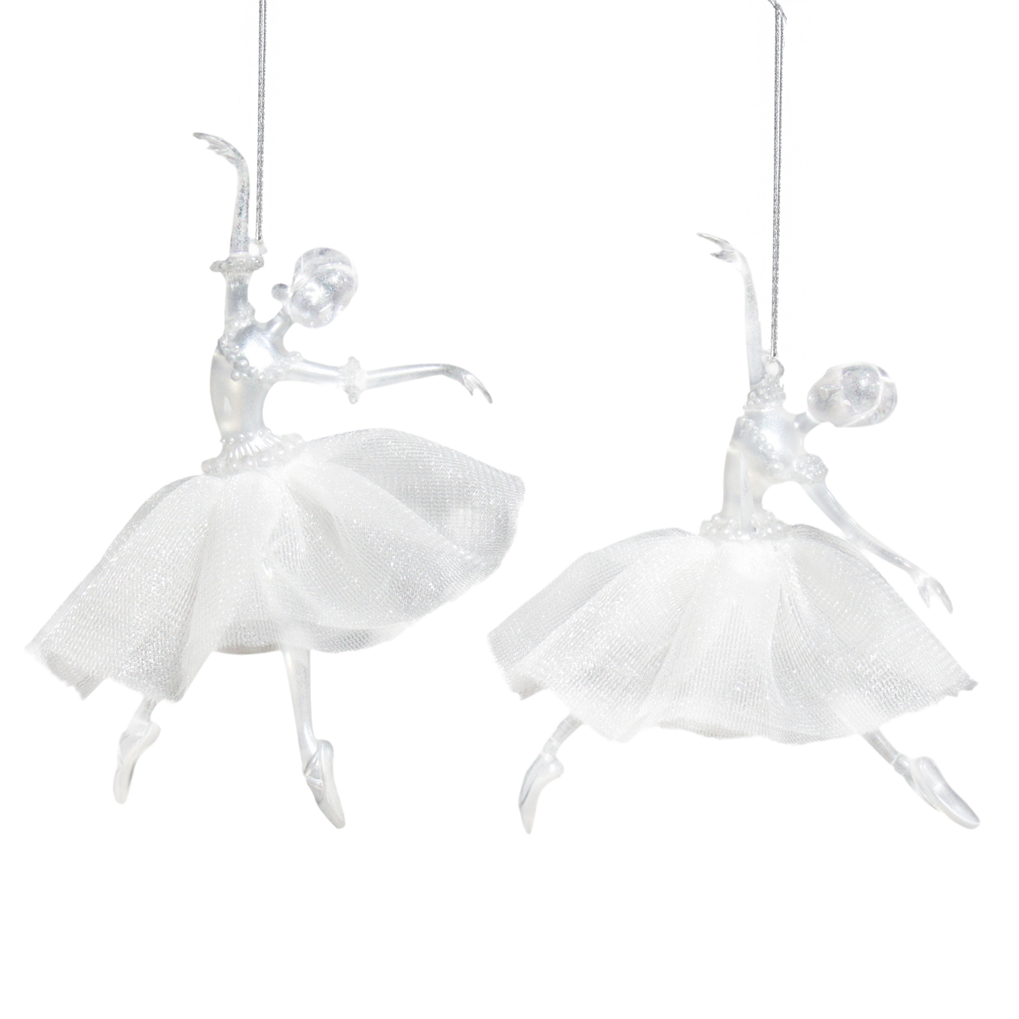 ORN BALLERINA CLEAR/PEARL WHITE W/FROST GLITTER W/MESH SKIRT 5.9" & 6.1" 2/S