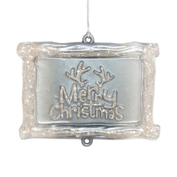 ORN SIGN/PHOTO FRAME3.7" CLEAR/PEARL BLACK W/IVORY WHITE GLITTER "MERRY CHRISTMAS"