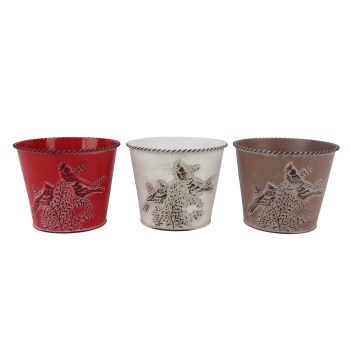 PLANTER POT METAL6.5"X5" 3 ASST, COLORS RED/WHITE/BROWN W/EMBOSSED CARDINAL DESIGN