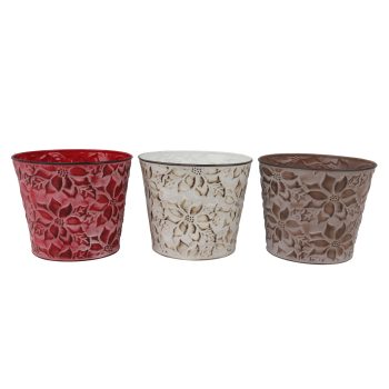 PLANTER POT METAL7.5"X6" 3 ASST. COLORS RED/WHITE/BROWN W/EMBOSSED POINSETTIA DESIGN