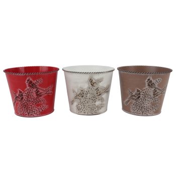 PLANTER POT METAL7.5"X6" 3 ASST. COLORS RED/WHITE/BROWN W/EMBOSSED CARDINAL DESIGN W/SLOT RIM