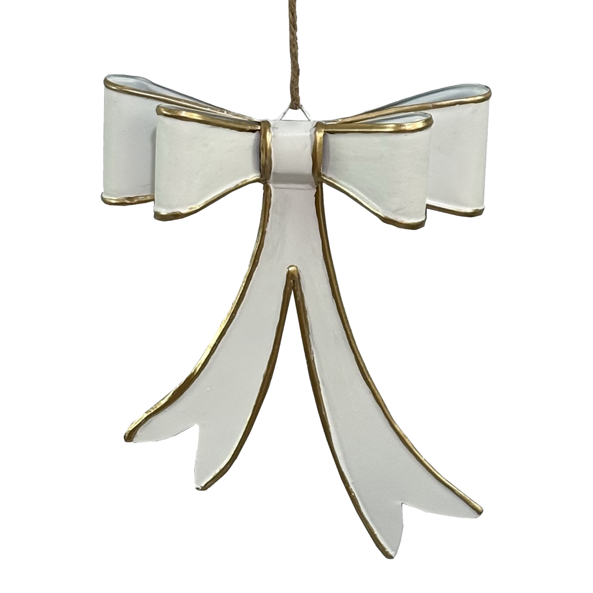BOW METAL 6"X8" WHITE/GOLD, PAINTED EDGE WITH JUTE HANGER