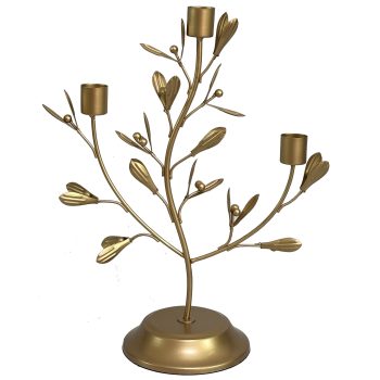CANDLE HOLDER METAL LEAVES 10"X12" ANTIQUE GOLD 3-TAPER