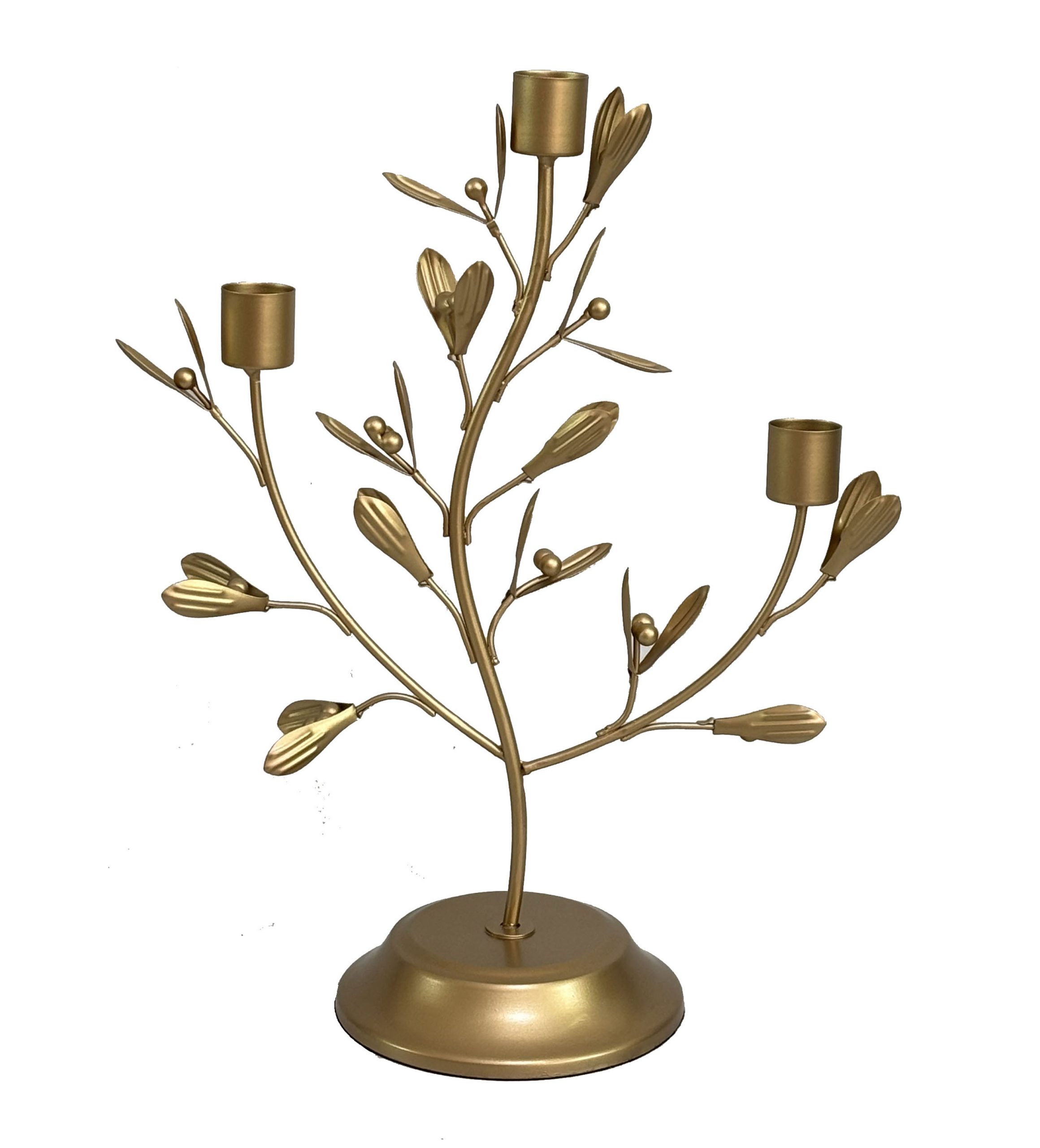 CANDLE HOLDER METAL LEAVES 10"X12" ANTIQUE GOLD 3-TAPER