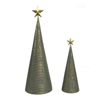 CONE TREE METAL 4.5"X12"/6"X18" GREEN/GOLD W/STAR ON TOP 2PC SET
