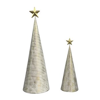CONE TREE METAL 4.5"X12"/6"X18" WHITE/GOLD W/STAR ON TOP 2PC SET