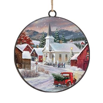 ORN METAL DISC 4" CHURCH SCENE