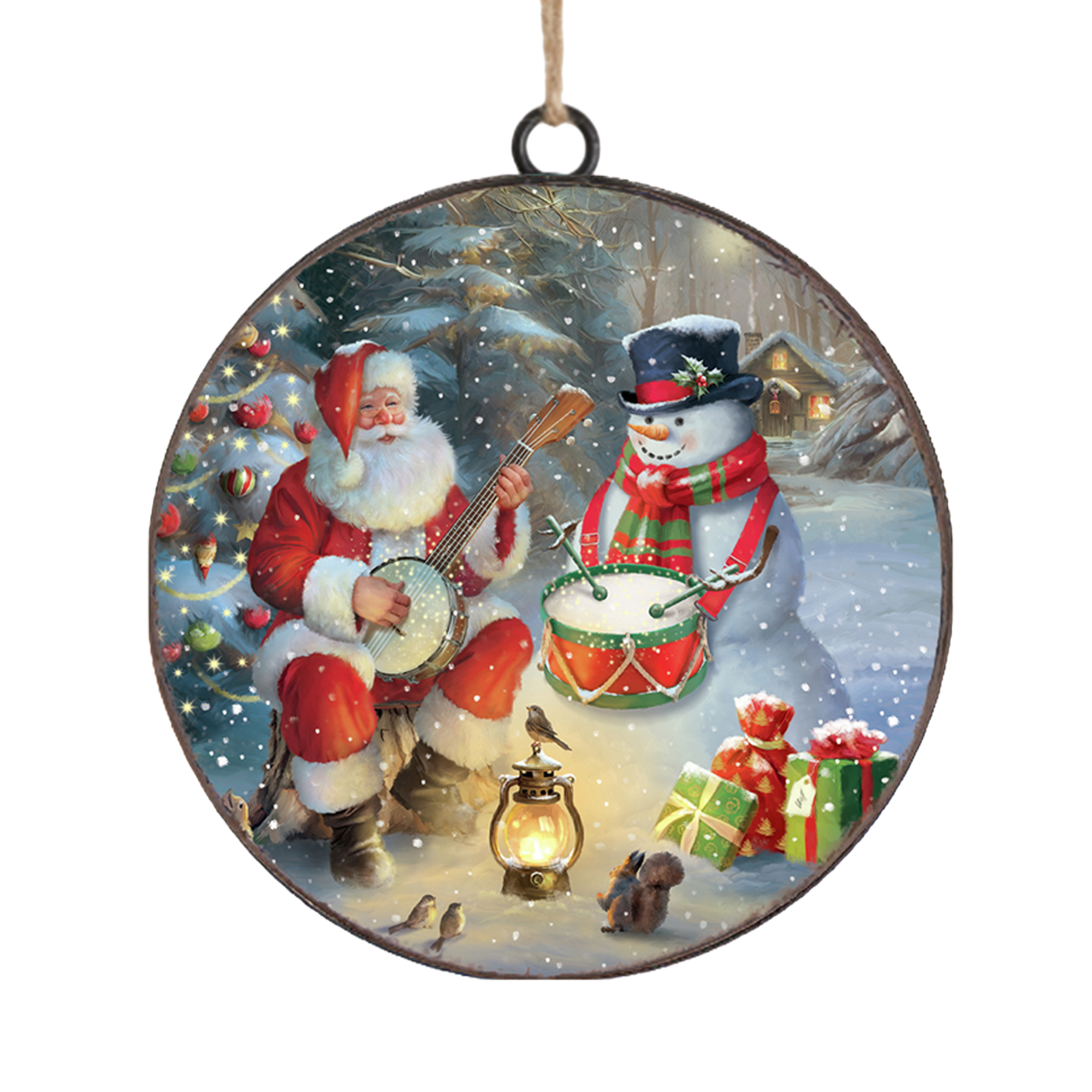 ORN METAL DISC 4" SANTA W/SNOWMAN FAMILY