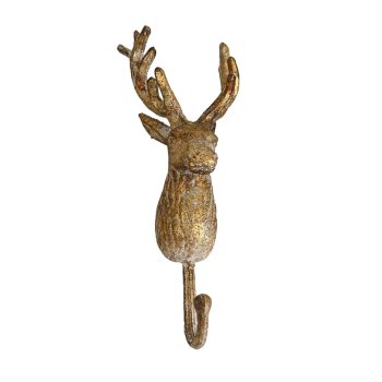 METAL WALL HOOK 5"X12" CAST REINDEER HEAD ANTIQUE GOLD