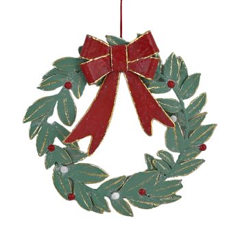 WREATH VINTAGE METAL 14"X15" GREEN LEAVES W/RED BOW