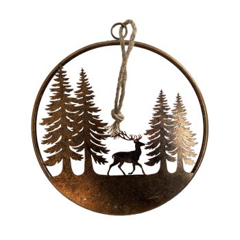 METAL ROUND WALL DECOR W/REINDEER & PINE TREE SCENE 12.5" RUSTIC COPPER BRONZE FINISHED