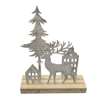 METAL REINDEER W/PINE TREE & HOUSE SCENE 7"X9.5" ANTIQUE WHITE WASHED W/WOODEN BASE