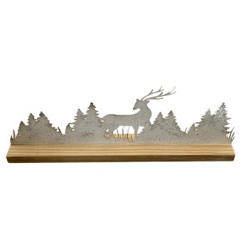 METAL REINDEER W/PINE TREE 17"X6.5" ANTIQUE WHITE WASHED W/WOODEN BASE