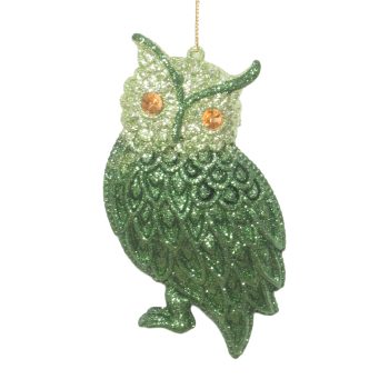 ORN OWL WEEPING WILLOW/OLIVE GREEN 2-TONE GLITTER W/CHAMPAGNE GOLD JEWEL EYES 5"