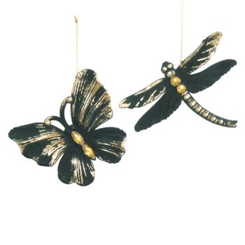 ORN BUTTERFLY & DRAGONFLY DARK GREEN FLOCKED W/GOLD & LIGHT BROWN JEWEL 3.9" & 4.9"2/S