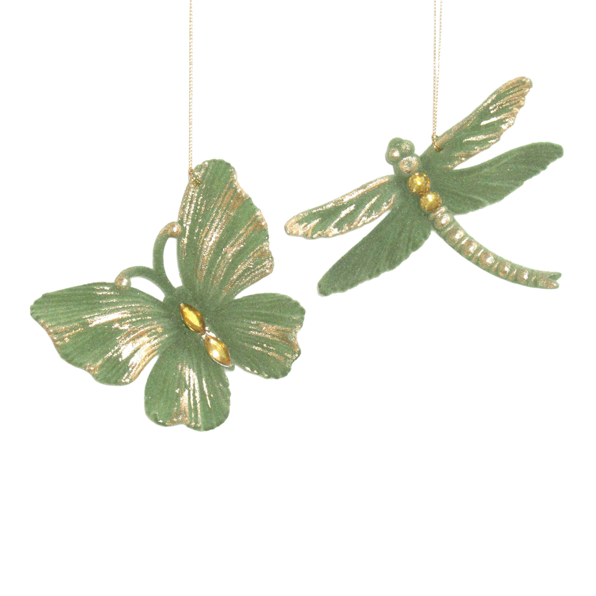 ORN BUTTERFLY & DRAGONFLY GRASS GREEN FLOCKED W/GOLD & LIGHT BROWN JEWEL 3.9" & 4.9"2/S