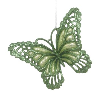 ORN BUTTERFLY OLIVE GREEN/WEEPING WILLOW GLITTER 4.8"