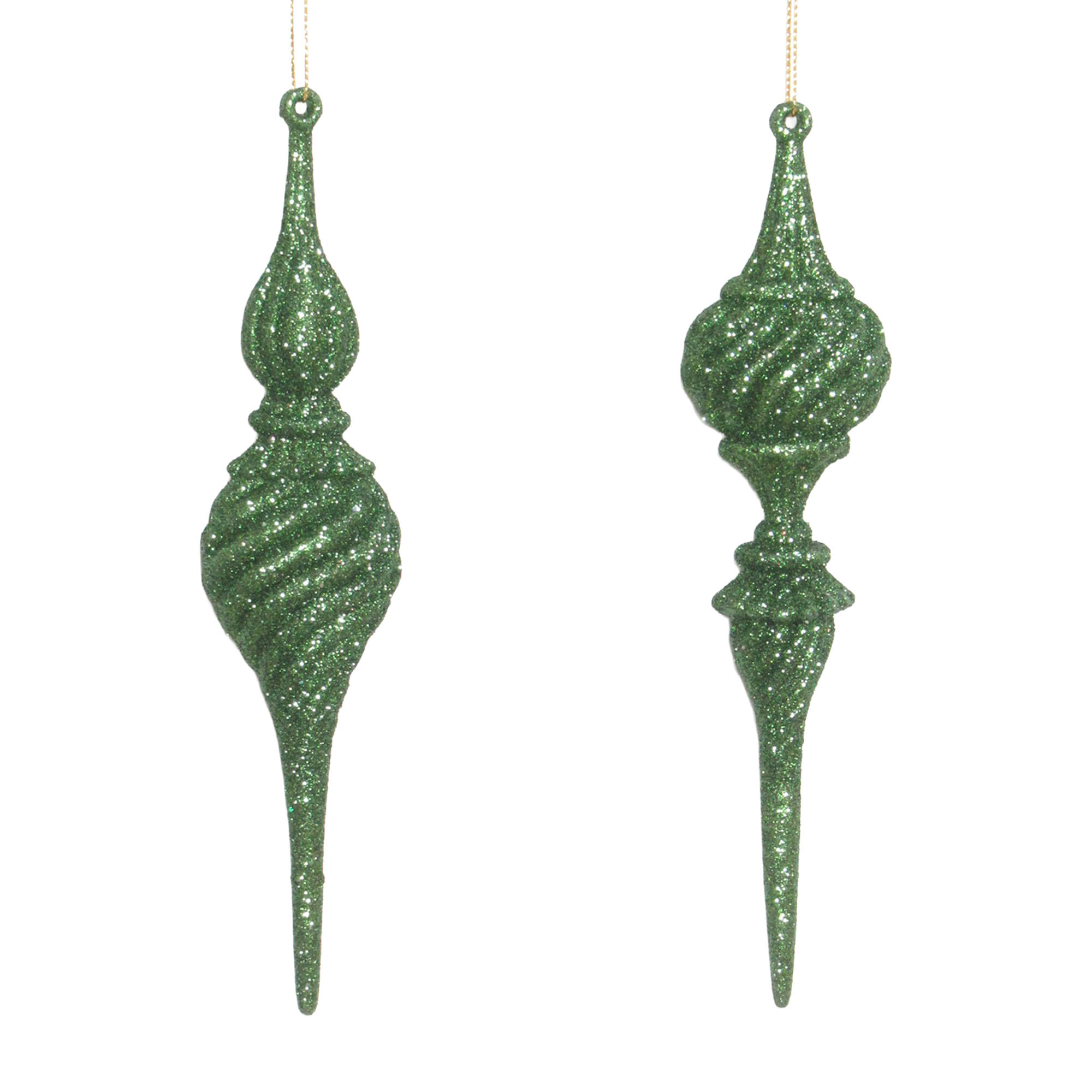 ORN DROP ICICLE OLIVE GREEN GLITTER 7" 2/S