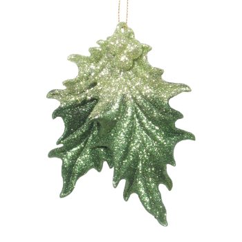 ORN HOLLY LEAVES WEEPING WILLOW/OLIVE GREEN 2-TONE GLITTER W/BERRIES 4.3"