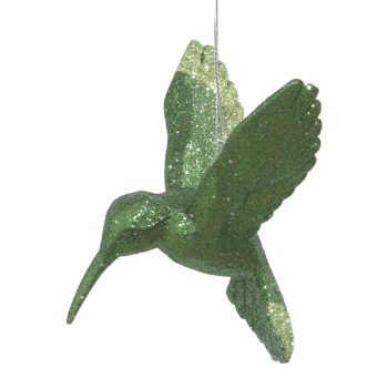 ORN HUMMINGBIRD OLIVE GREEN W/WEEPING WILLOW GLITTER 3.9"