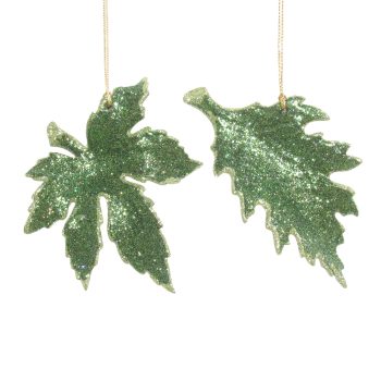 ORN LEAVES OLIVE GREEN W/WEEPING WILLOW GLITTER 3.9" & 4.7" 2/S