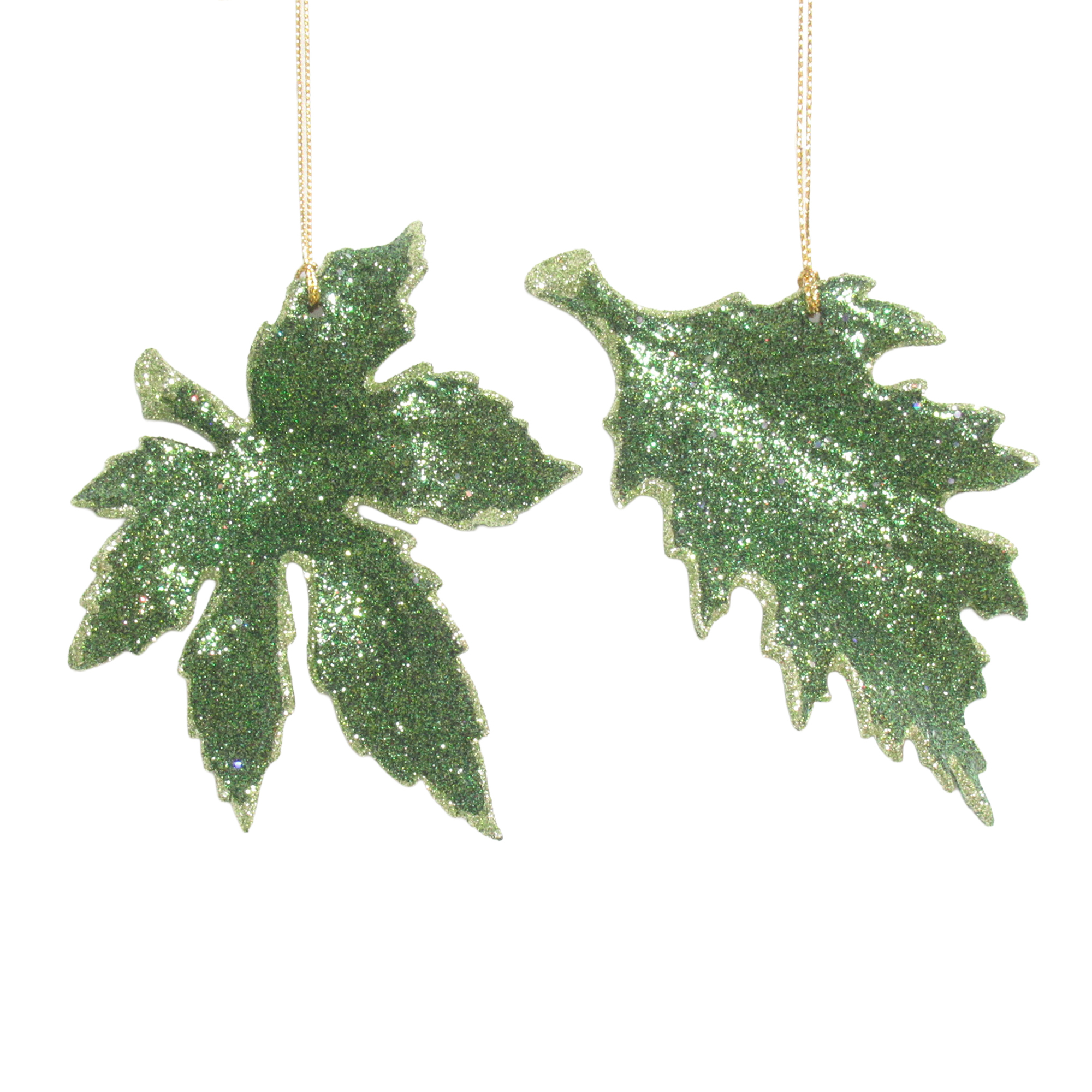 ORN LEAVES OLIVE GREEN W/WEEPING WILLOW GLITTER 3.9" & 4.7" 2/S