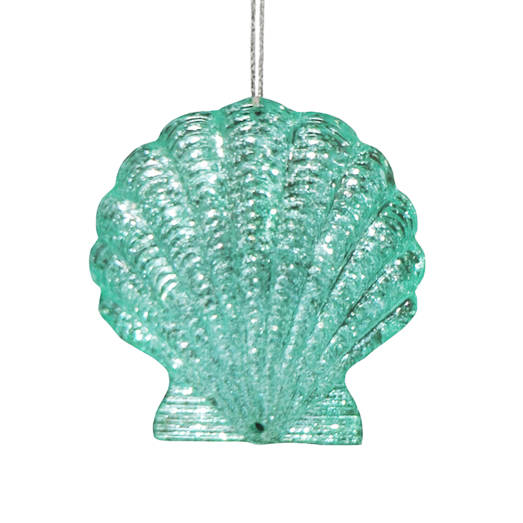 ORN SCALLOP 2.5" CLEAR MINT GREEN W/AZURE GLITTER