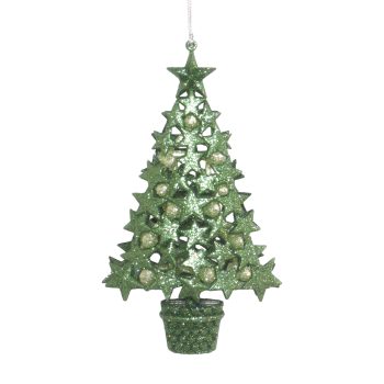 ORN STAR TREE W/POT OLIVE GREEN/WEEPING WILLOW GLITTER 6.5"