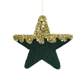 ORN VELVET STAR 7.5" DARK GREEN W/GOLD BEAD
