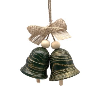 ORN WOODEN TWIN BELL 5"X3.5" GREEN WOOD/JUTE