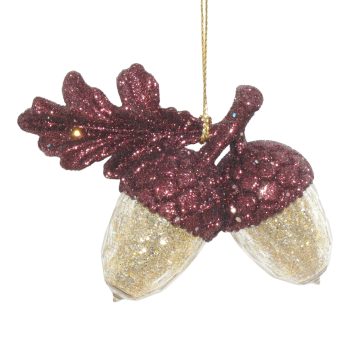 ORN ACORN CHAMPAGNE GOLD W/CHOCOLATE LEAVES & CUPULE GLITTER 3.5"